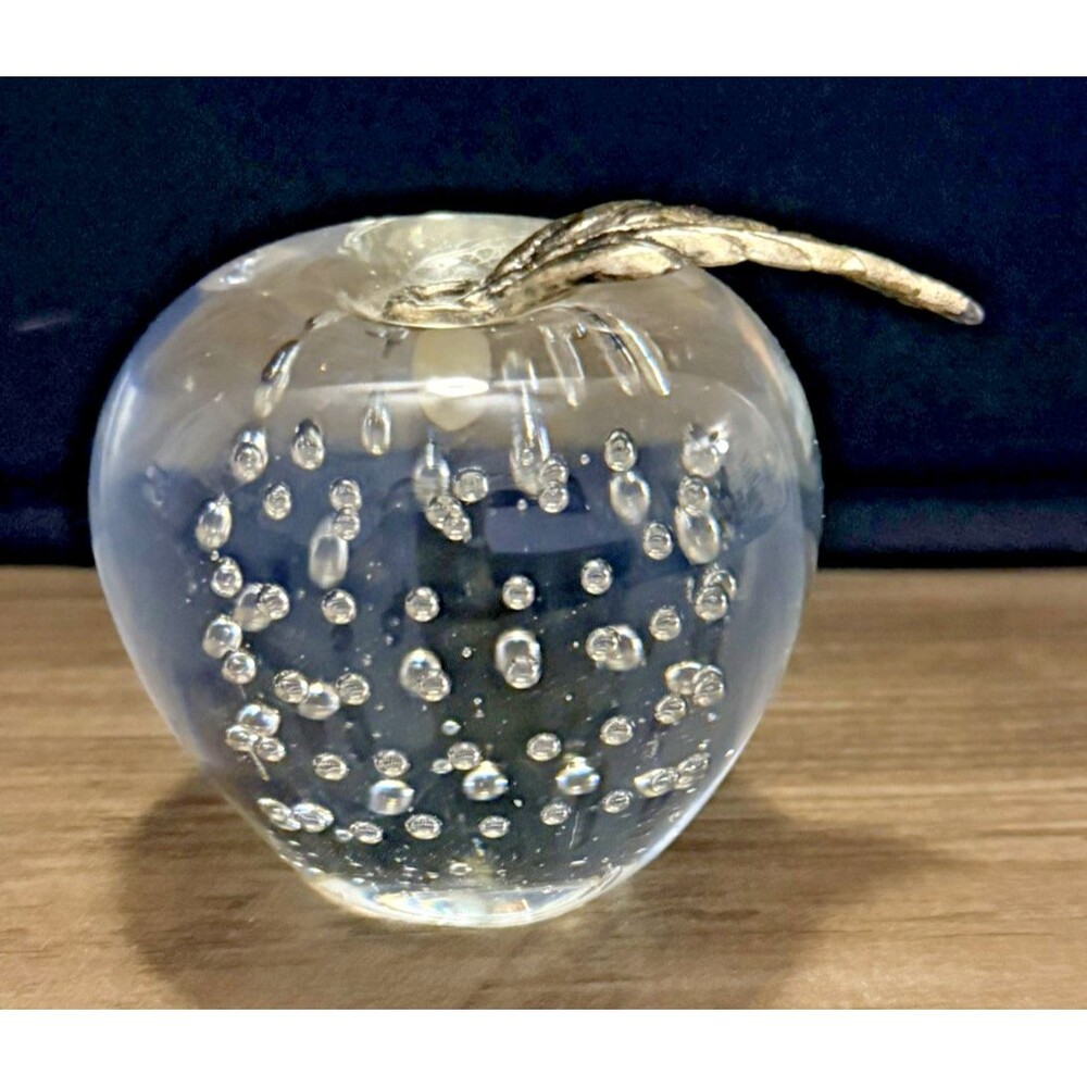 Vintage Art Glass Apple Paperweight Controlled Bubbles Metal Leaf FLAW